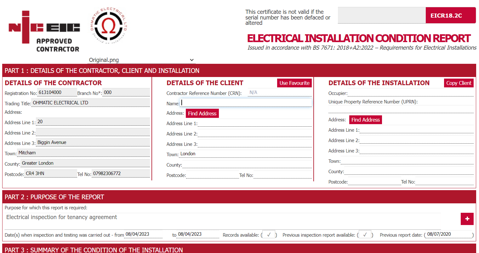 Electrical Installation Condition Report (EICR) certificate issued to BS 7671 for a landlord property