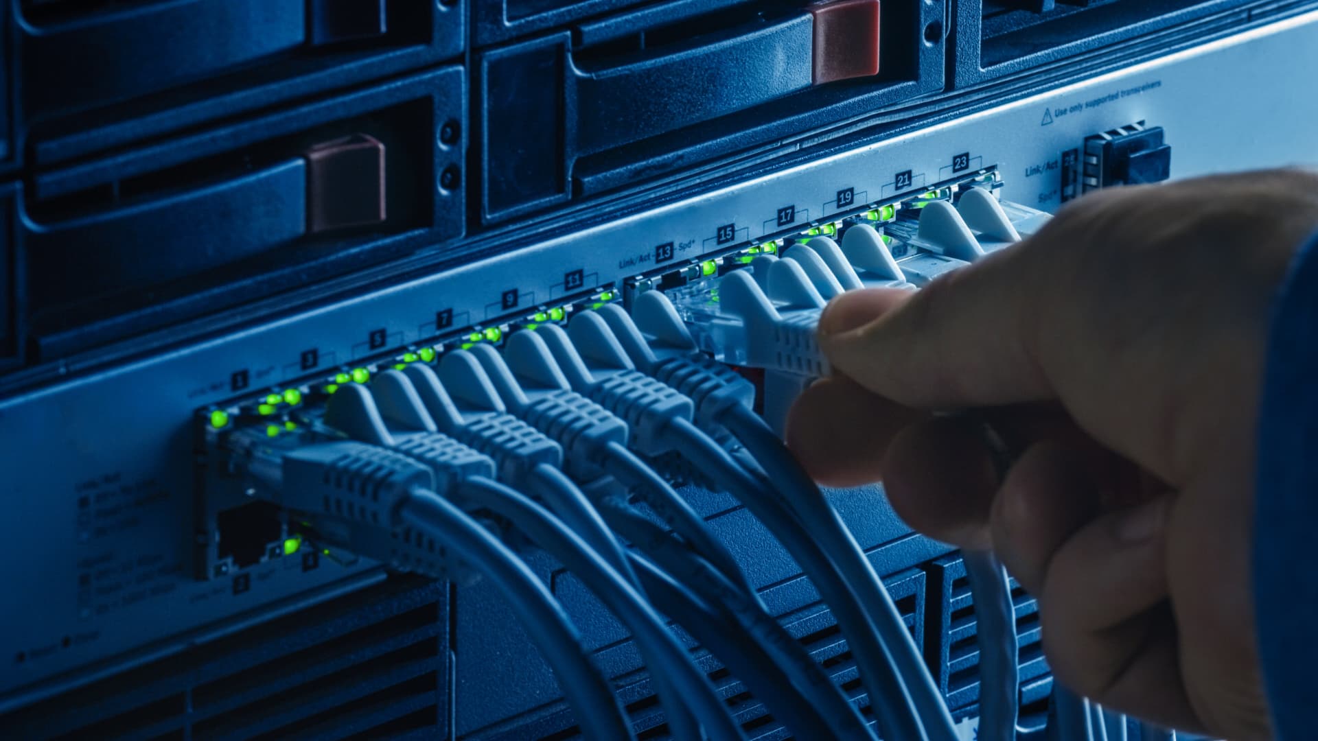 Cat6 data cables being patched into a network switch during a structured data cabling installation